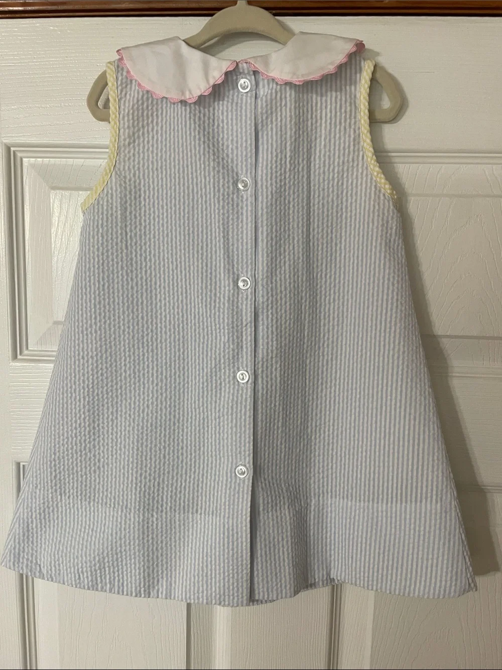 Light Blue Seersucker Peter Pan Collar Dress with Pink & Yellow Trim
